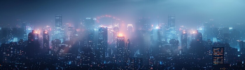 Wall Mural - Futuristic towers falling with dim lights close up, focus on, copy space Dark urban skyline Double exposure silhouette with obscurity