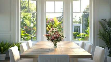 Wall Mural - modern summer dining space with a wooden table, white linen chairs, and tropical floral arrangements, illuminated by natural light from large bay windows