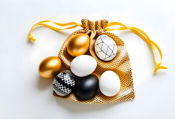 Wall Mural - A string bag filled with gold, black, and white Easter eggs on a white background, with a blank card for text.