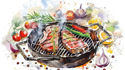 Wall Mural - grill with steak, vegetables, watercolor style