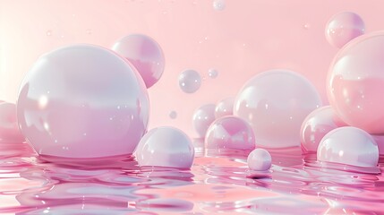 Wall Mural - 3D spheres floating around the water in pink and white colors.