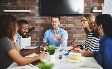Poster - Meeting, boardroom and teamwork in office, manager or presentation in workplace. Planning, strategy or documents for collages or design for creative agency, notebook or business people for discussion
