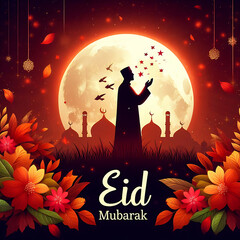 Eid Mubarak, a traditional Islamic festival greeting card poster banner design background illustration