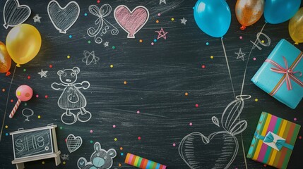 Wall Mural - A chalkboard with a bunch of balloons and a teddy bear on it