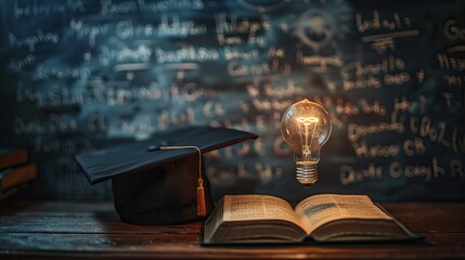 Learning concept, open book with light bulb, graduation cap, classroom blackboard background, education at school and university