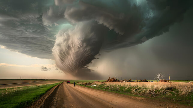 Monster supercell with developing wall cloud moves across central Kansas and later forms a destructive, EF-3 rated tornado destroyed property. Storm chasers observing storm on dirt road, USA