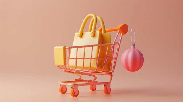 Minimalist shopping cart containing a yellow bag and a gift under soft pink light, symbolizing festive holiday shopping and retail season.