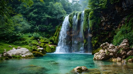 Canvas Print - Stunning Mountain Waterfall Cascading into Pristine Pool Surrounded by Lush Greenery and Moss Covered Rocks