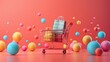 © Tackey - Shopping cart with colorful balloons and bags on a vibrant background, symbolizing creativity, fun, and retail shopping experience.