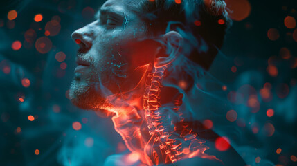 Close-up of a man experiencing neck pain, overlaid with a red hologram illustration and joint diagram