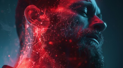 Wall Mural - Close-up of a man experiencing neck pain, overlaid with a red hologram illustration and joint diagram