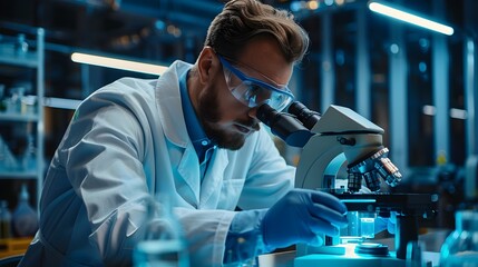 Poster - Scientific Researcher Analyzing Samples with Advanced Microscope in High Tech Laboratory Setting Cutting Edge Research and Innovation Concept