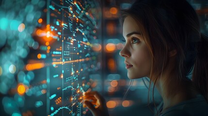 Poster - Businesswoman Analyzing Futuristic Digital Data on Transparent Screen in High Tech Office Environment
