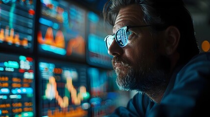 Poster - Skilled market trader intensely monitoring multiple financial data screens and charts deeply focused on analyzing market trends and making informed