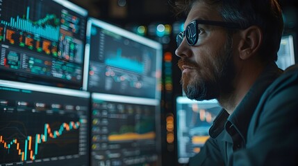 Poster - Financial Analyst Reviewing Market Data on Computer Screens