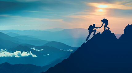 Help and assistance concept. Silhouettes of two people climbing on mountain and helping each other get to the top 