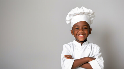 A cute happy smiling young African American black boy dresses like a chef on a plain white background with copy space for text.