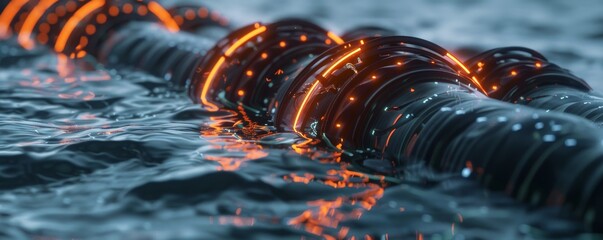 Produce a CG 3D render of submarine cables resembling glowing lifelines between digital nodes beneath the oceans surface Ensure a photorealistic depiction that conveys the importan