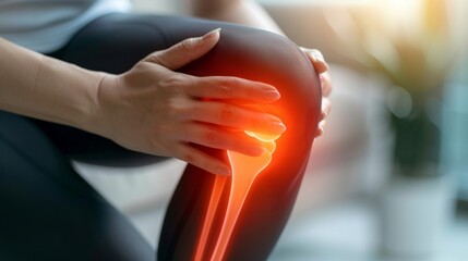 Close-up of a person's knee with an overlay of a red hologram illustrating knee pain