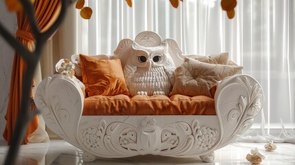 Owl-shaped children's sofa, white wood carvings, and orange pillows