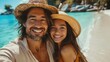 © Аrtranq - Family selfie on beach with smiling faces and straw hats