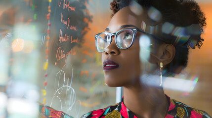 Wall Mural - Focused african american casual businesswoman writing on transparent board in office, copy space