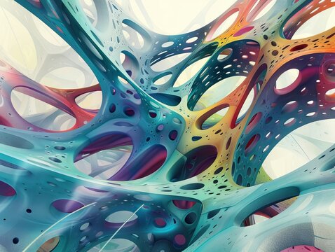 Colorful 3D rendering of an abstract organic structure with a smooth, fluid-like surface lit by a bright light.