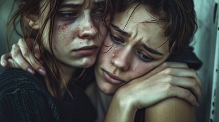Sympathy Embrace: Two Sad Girls Hugging for Comfort
