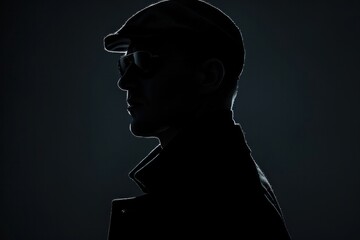 Silhouette of man in hat and glasses in dark background