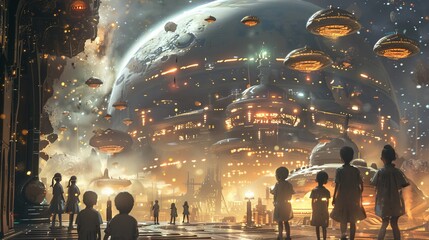 Poster - Diverse group of men, women, and children standing in front of a modern, futuristic city backdrop.