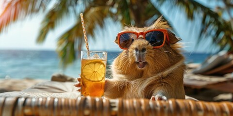 Wall Mural - Vocation: Guinea Pig on Beach with Drink and Sunglasses