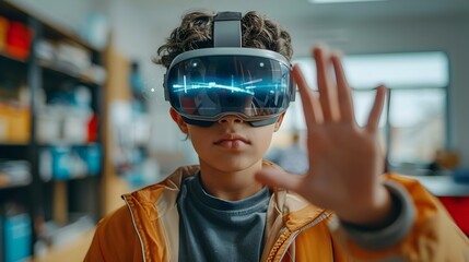 Poster - Student Utilizing Augmented Reality Headset for Interactive Science Lesson in Modern Classroom