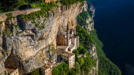 Wall Mural - Aerial View of Madonna della Corona, Cliffside Sanctuary in Italy, Dramatic and Scenic Landscape