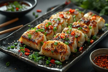 Wall Mural - food photography of dumplings on a rectangular plate against a black background with dramatic lighting