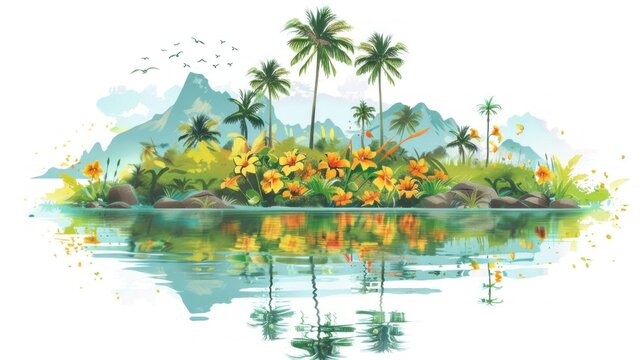 Vector illustration of a serene island landscape against a white background, featuring elements such as flowers, water, beach, and a summer travel banner.