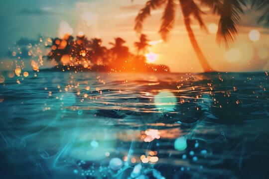 Dreamlike tropical beachscape at sunset with shimmering water, palm trees, and vibrant colors, capturing the essence of paradise.