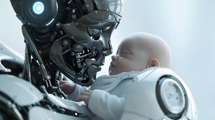 Wall Mural - Futuristic Humanoid Android Comforting Human Baby