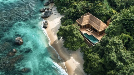 Wall Mural - A drone photo shows an aerial view of a luxurious beach villa with a thatched roof. It features wooden accents and an infinity pool on the sandy shore, surrounded by lush greenery