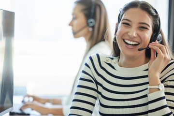 Poster - Call center, portrait and woman with headset in office for communication, customer support or service. Contact us, CRM and friendly consultant at desk for counselling, immigration aid or legal advice