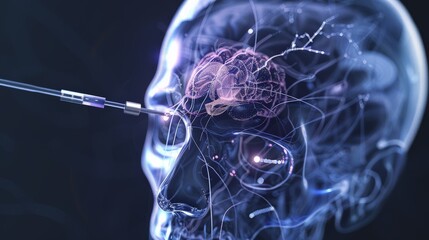 Poster - 3D rendering of a human head with a needle inserted into it, illustrating a medical procedure or neural implantation.