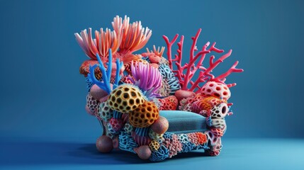 A chair made of coral and sea anemone blue background.