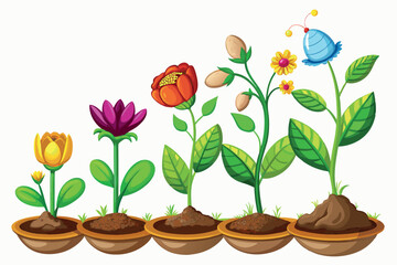 Wall Mural -  A collection of five different potted plants, each in different stages of growth and flowering.