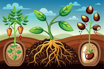 Wall Mural -  Three stages of plant growth, showing the development from seed to mature plant.  This image is interesting because it visualizes the life cycle of a plant at different stages, 