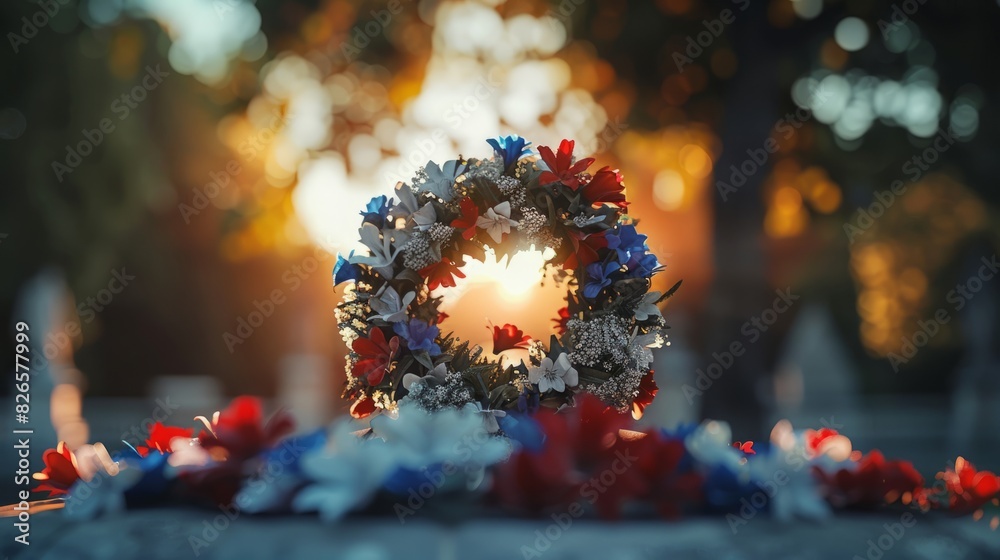 A red, white, and blue wreath placed at the base of a statue honoring ...