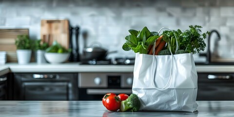 Wall Mural - Vibrant image white shopping bag with fresh vegetables on stylish kitchen table. Concept Food Styling, Kitchen Decor, Healthy Eating, Shopping for Produce, Fresh Ingredients