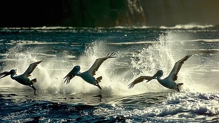 Poster -   A flock of seagulls flying over a body of water, with spray coming off their wings