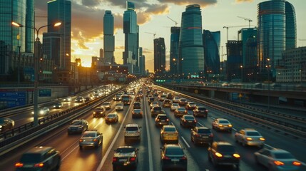 Wall Mural - Light flow of traffic on a evening highway in a city with modern high buildings