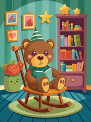 Wall Mural - A teddy bear sitting on a vintage rocking chair in a cozy nursery