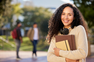 Sticker - Books, education and portrait of student woman on college or university campus for development or learning. Learning, school or study and smile of happy person outdoor for academy scholarship