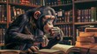 © Bijac - chimpanzee at library intelligent primate reading books surreal animal concept illustration
